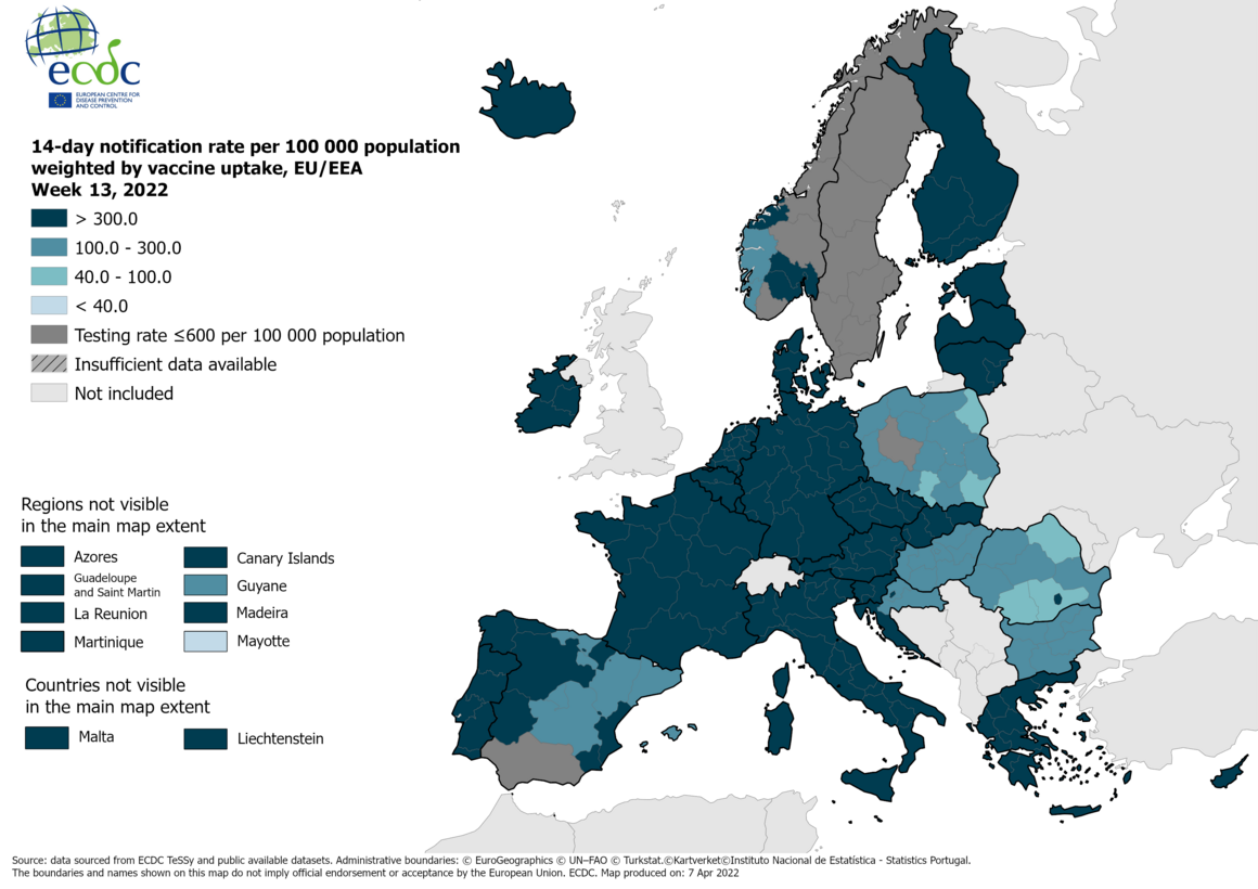 14-day notification rate weighted by vaccine uptake, updated 7 April 2022 (colour-blind friendly)