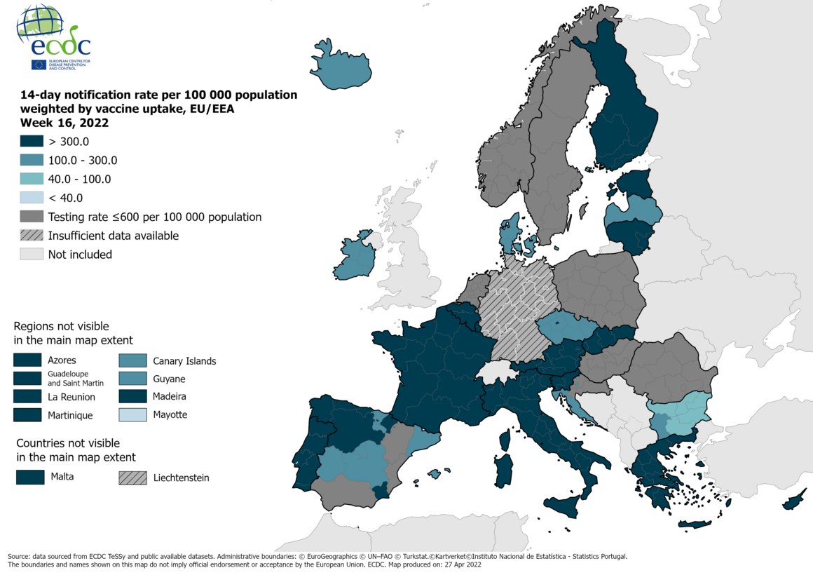 14-day notification rate weighted by vaccine uptake, updated 28 April 2022 (colour-blind friendly)