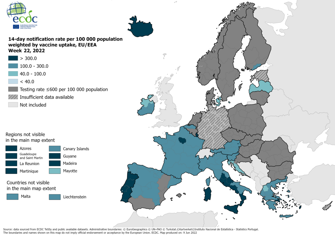 14-day notification rate weighted by vaccine uptake, updated 9 June 2022 (colour-blind friendly)