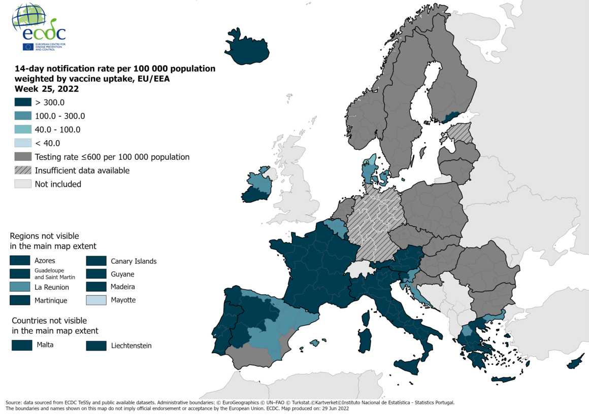 14-day notification rate weighted by vaccine uptake, updated 30 June 2022 (colour-blind friendly)