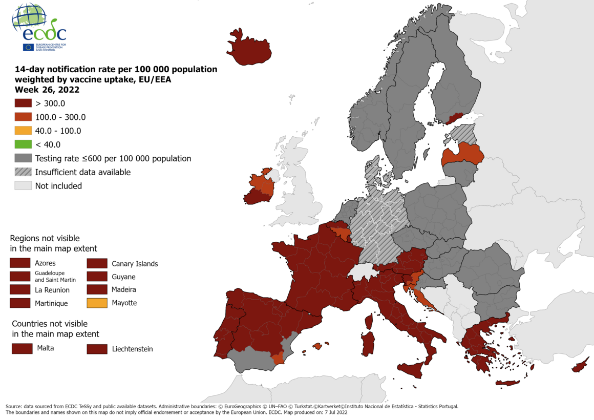 14-day notification rate weighted by vaccine uptake, updated 6 July 2022