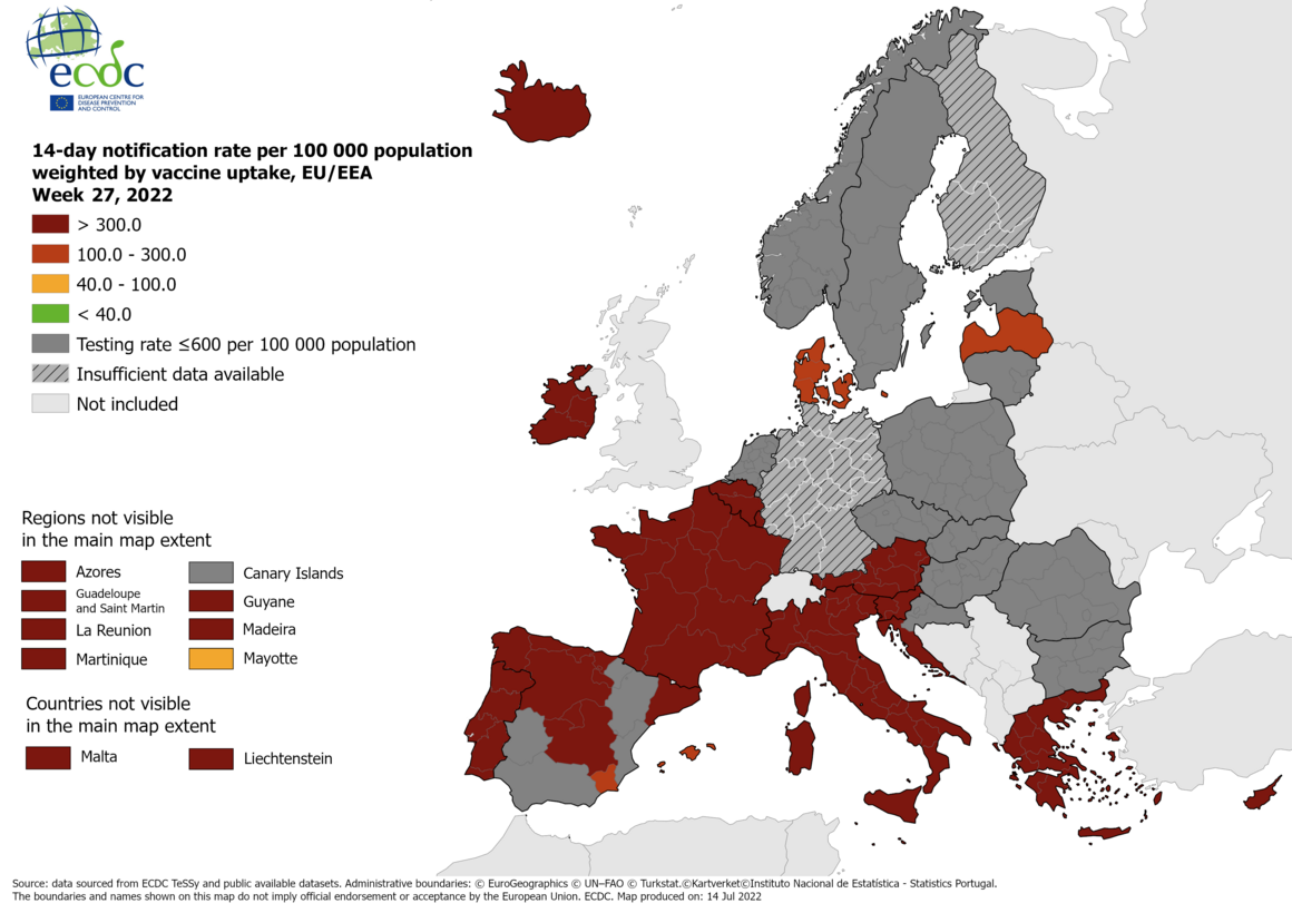 14-day notification rate weighted by vaccine uptake, updated 14 July 2022