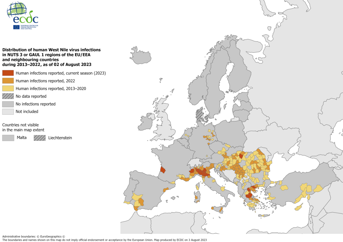 West Nile virus - human cases compared to previous seasons, 2 August 2023