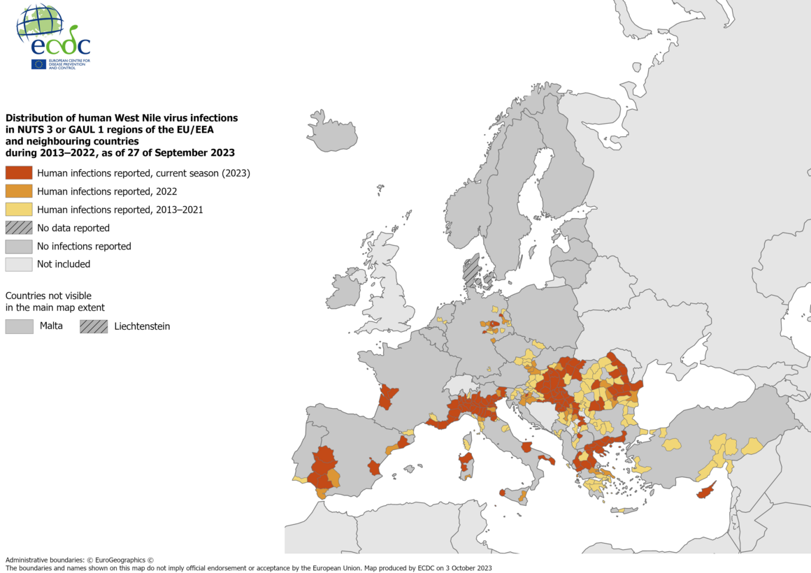 West Nile virus - human cases compared to previous seasons, 27 September 2023