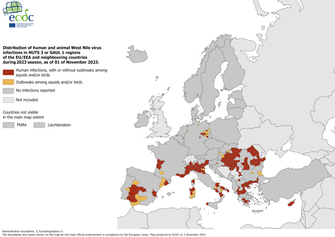 West Nile virus - infections among humans and outbreaks among equids and/or birds, 1 November 2023