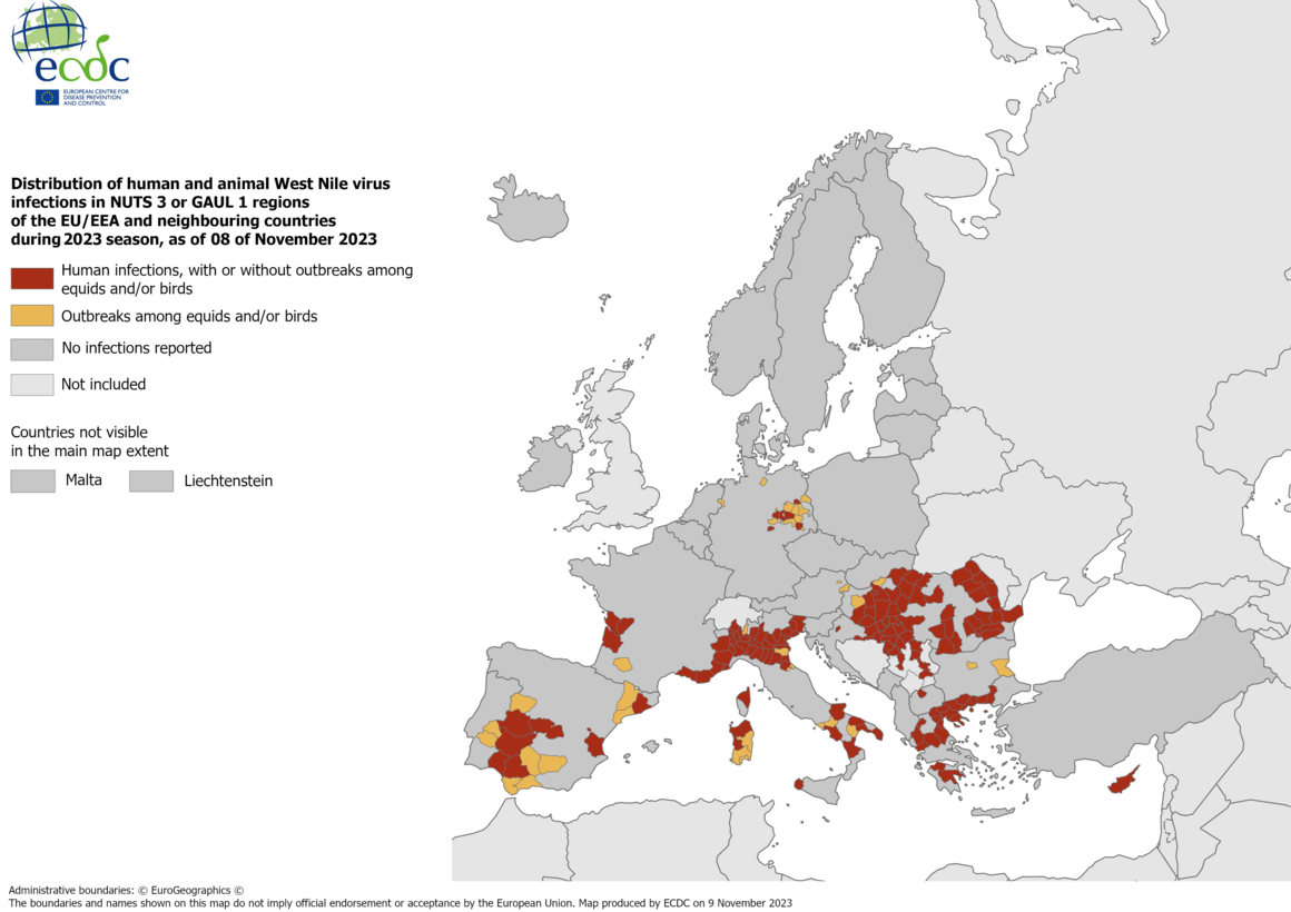 West Nile virus - infections among humans and outbreaks among equids and/or birds, 8 November 2023