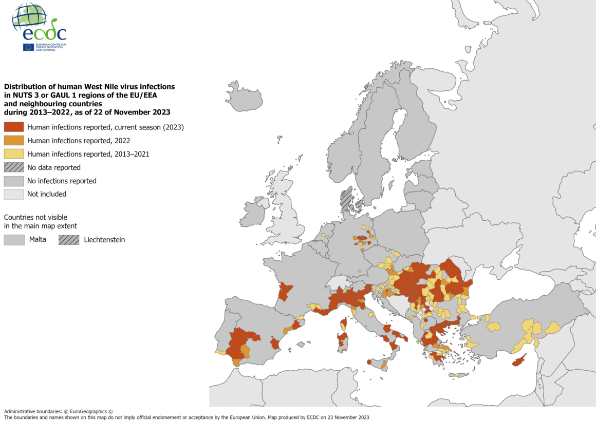 West Nile virus - human cases compared to previous seasons, 22 November 2023