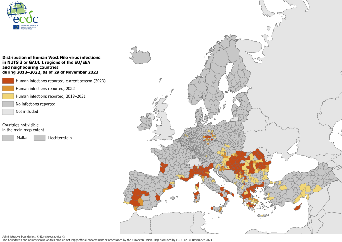 West Nile virus - human cases compared to previous seasons, 29 November 2023