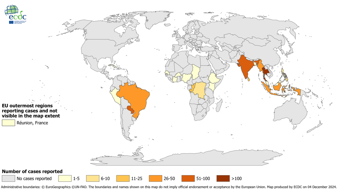 Distribution of travel-associated CHIKVD cases reported to ECDC, by place of infection, 2019–2023
