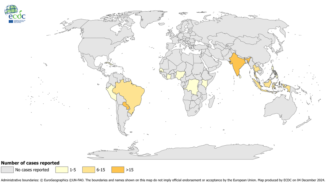 Distribution of travel-associated CHIKVD cases reported to ECDC, by place of infection, 2023