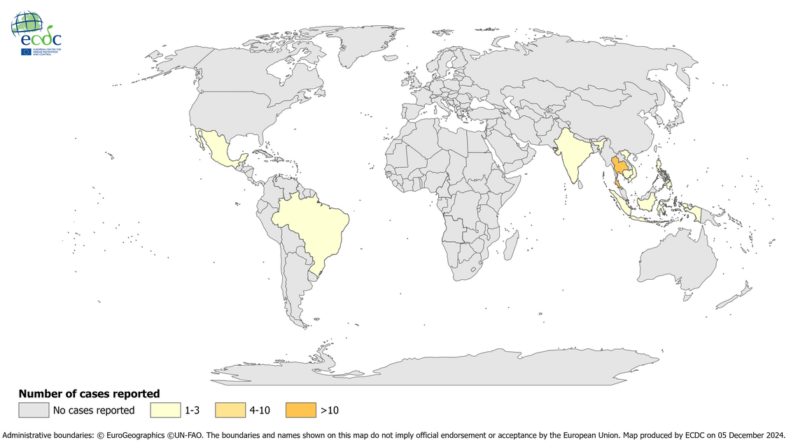 Distribution of travel-associated Zika virus disease cases reported to ECDC, by place of infection, 2023