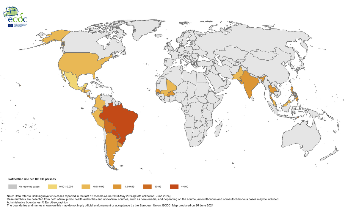 Countries/territories reporting Chikungunya cases since June 2023, and as of May 2024
