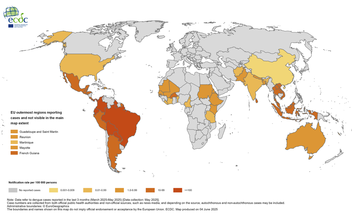 Geographical distribution of dengue cases reported worldwide, March-May 2025