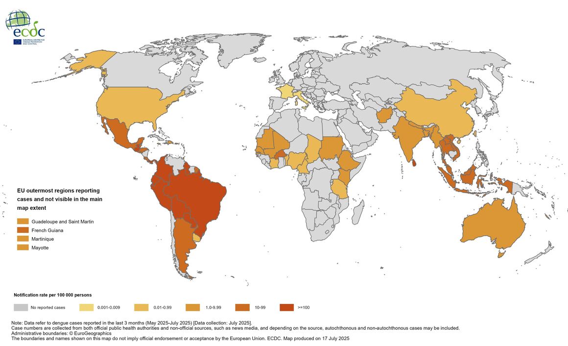 Three-month dengue virus disease case notification rate per 100 000 population, May-July 2025