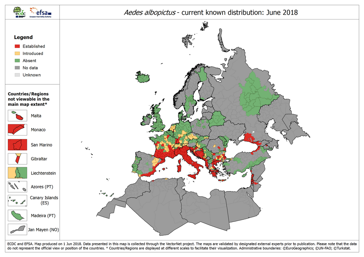 Map showing the current known distribution of Aedes albopictus mosquitoes - in Europe as of June 2018