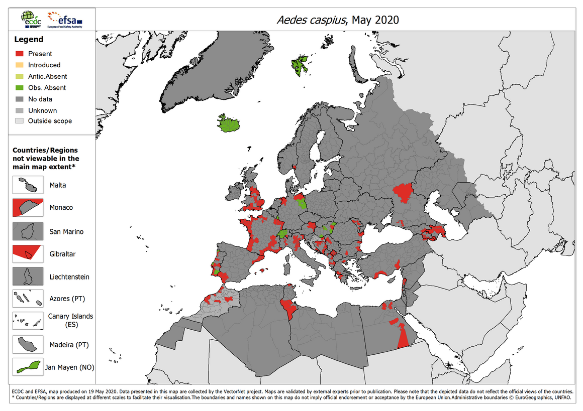 Aedes caspius - current known distribution: May 2020