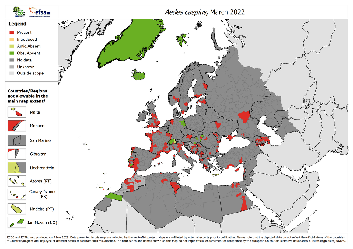 Aedes caspius - current known distribution: March 2022