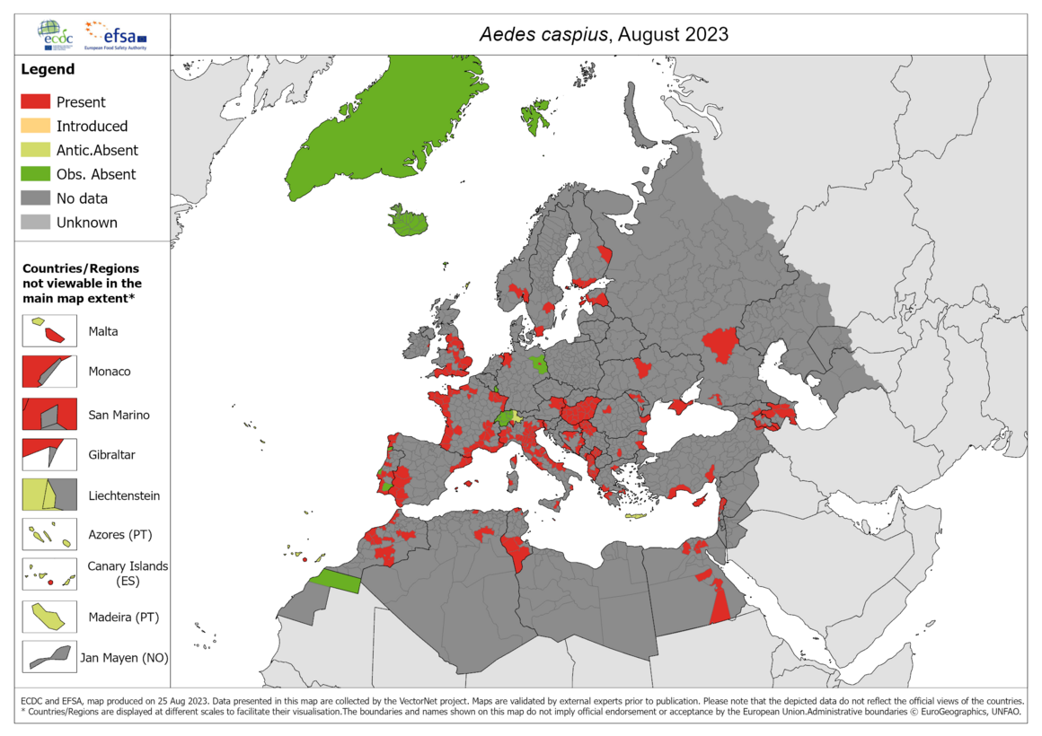 Aedes caspius - current known distribution: August 2023