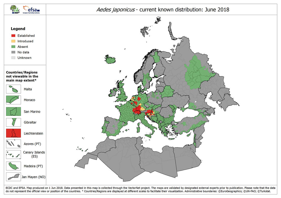 Map showing the current known distribution of Aedes japonicus mosquitoes in Europe as of June 2018