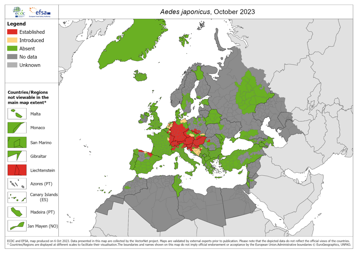 Aedes japonicus - current known distribution: October 2023