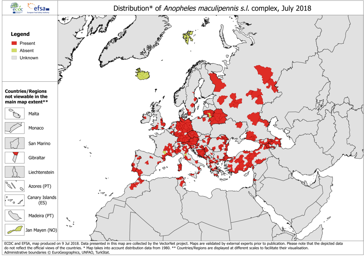 Anopheles maculipennis s.l. complex - current known distribution, July 2018