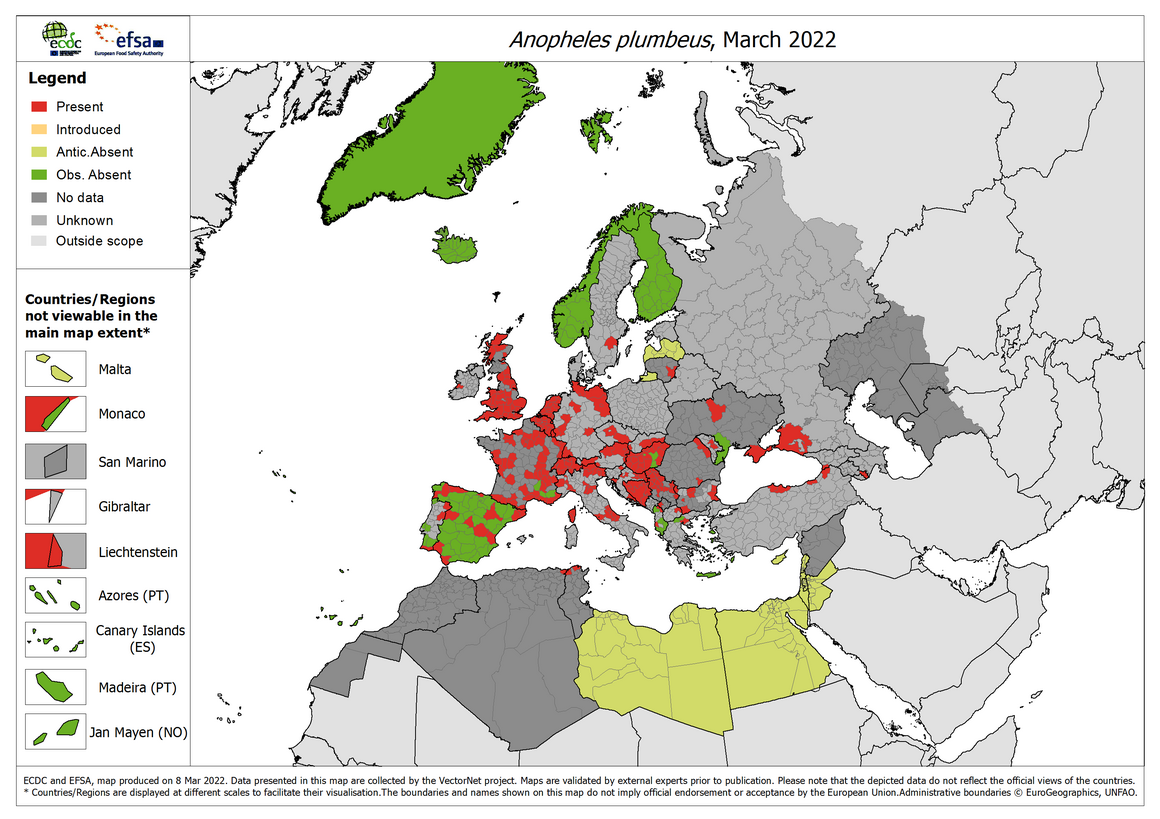 Anopheles plumbeus - current known distribution: March 2022