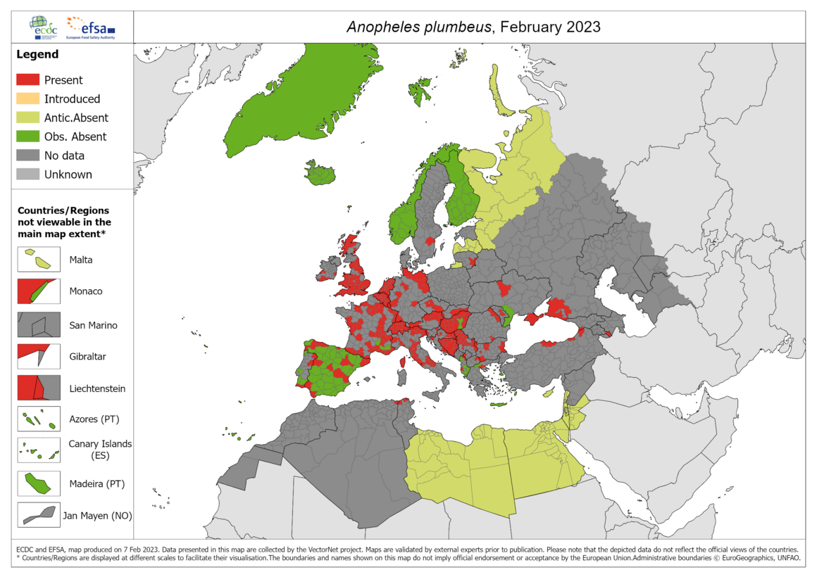 Anopheles plumbeus - current known distribution: February 2023