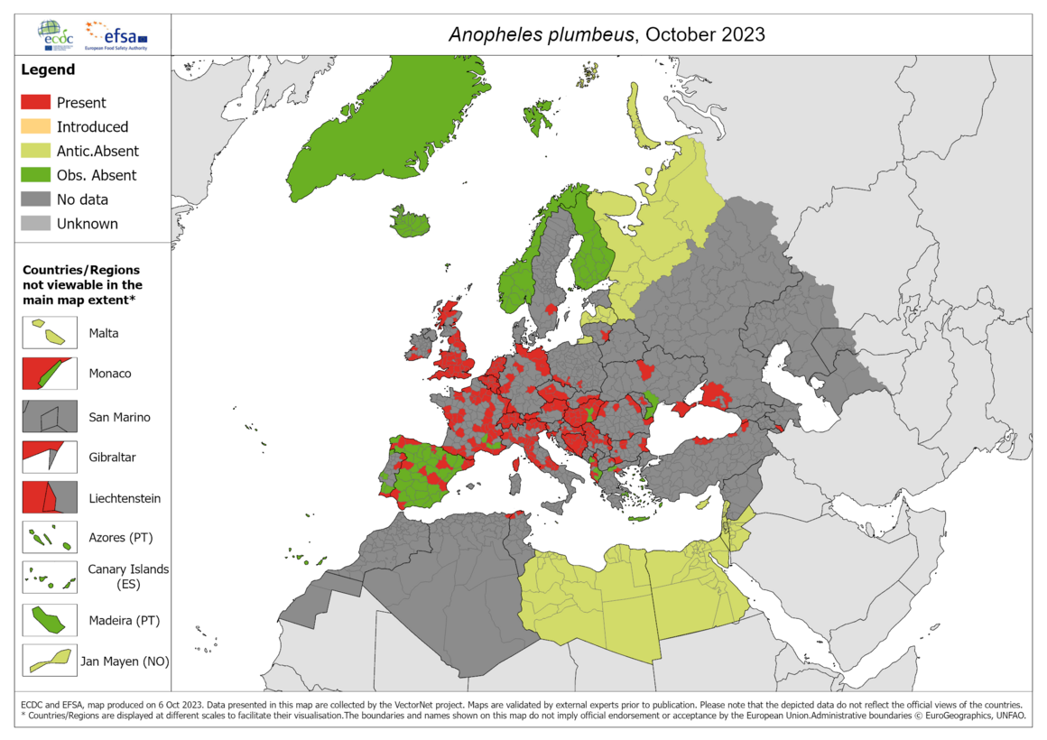 Anopheles plumbeus - current known distribution: October 2023