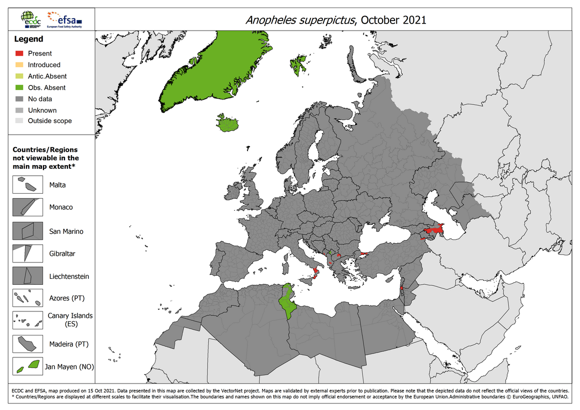 Anopheles superpictus - current known distribution: October 2021