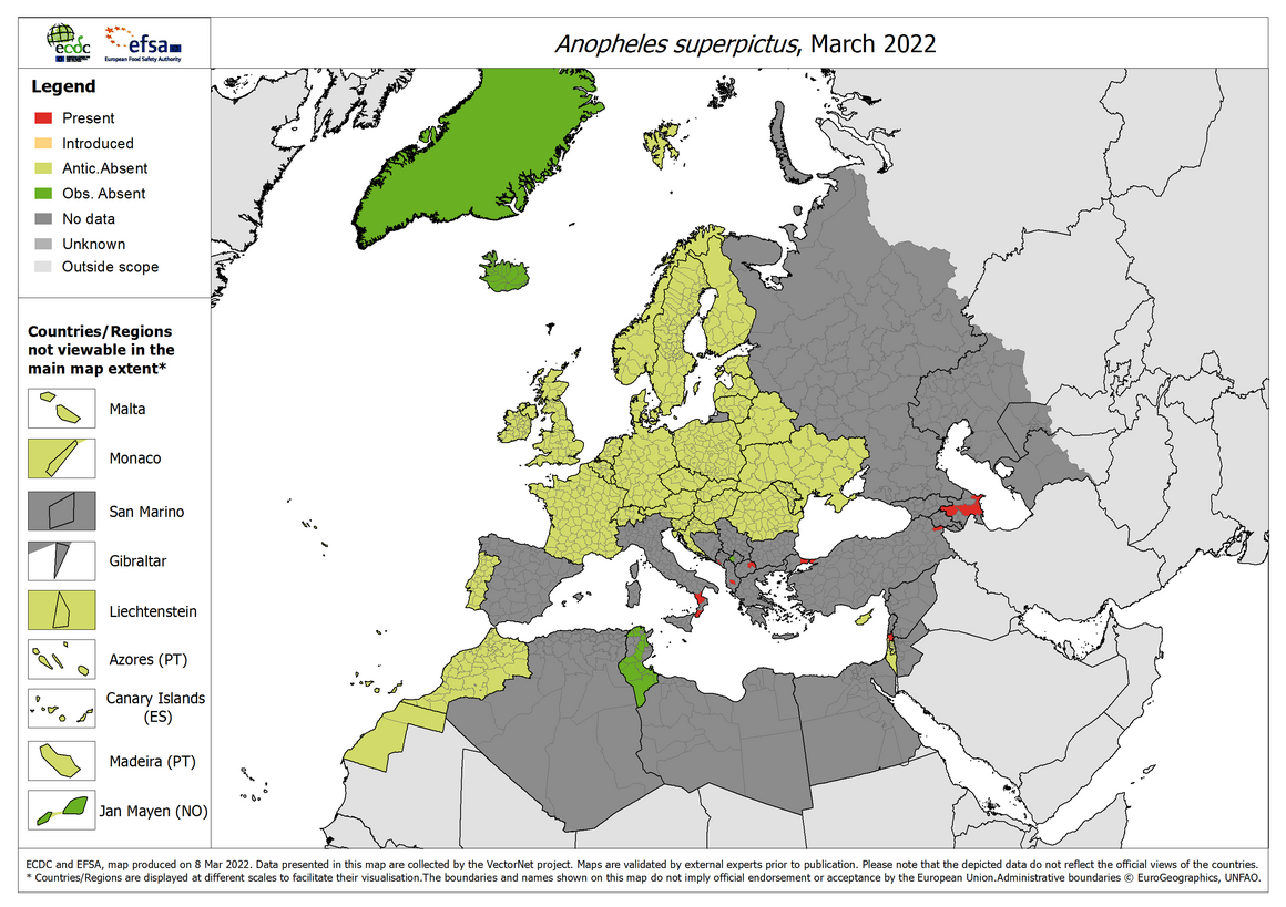 Anopheles superpictus - current known distribution: March 2022