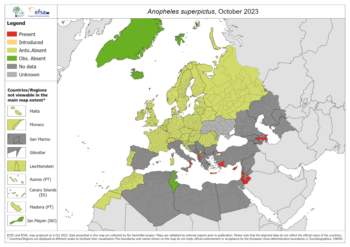 Anopheles superpictus - current known distribution: October 2023