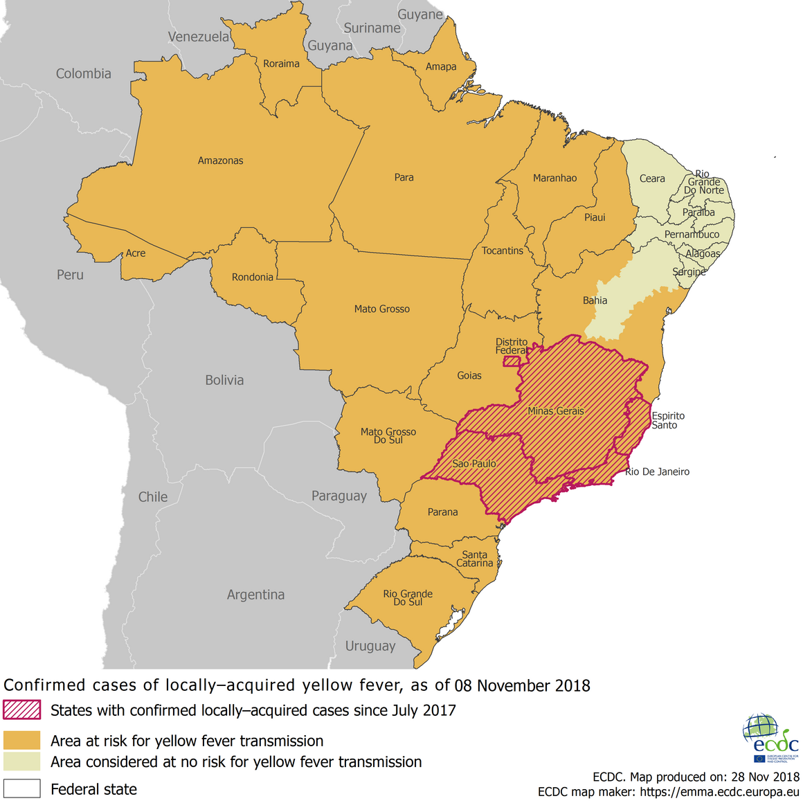 Yellow fever risk areas in Brazil, as of 28 November 2019