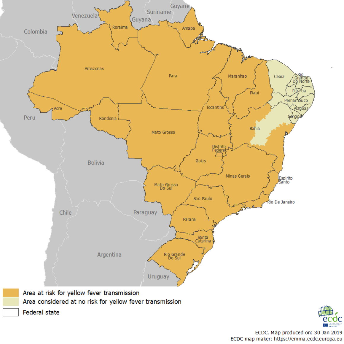 Yellow fever risk areas in Brazil, as of 30 January 2019