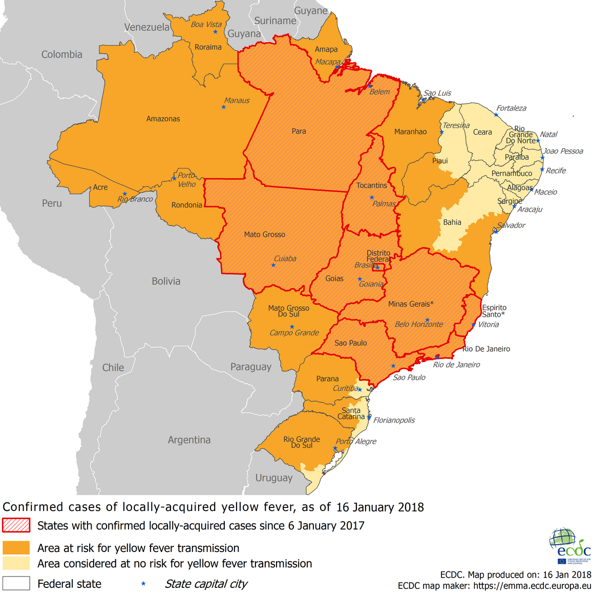Yellow fever cases in Brazil, 16 January 2018