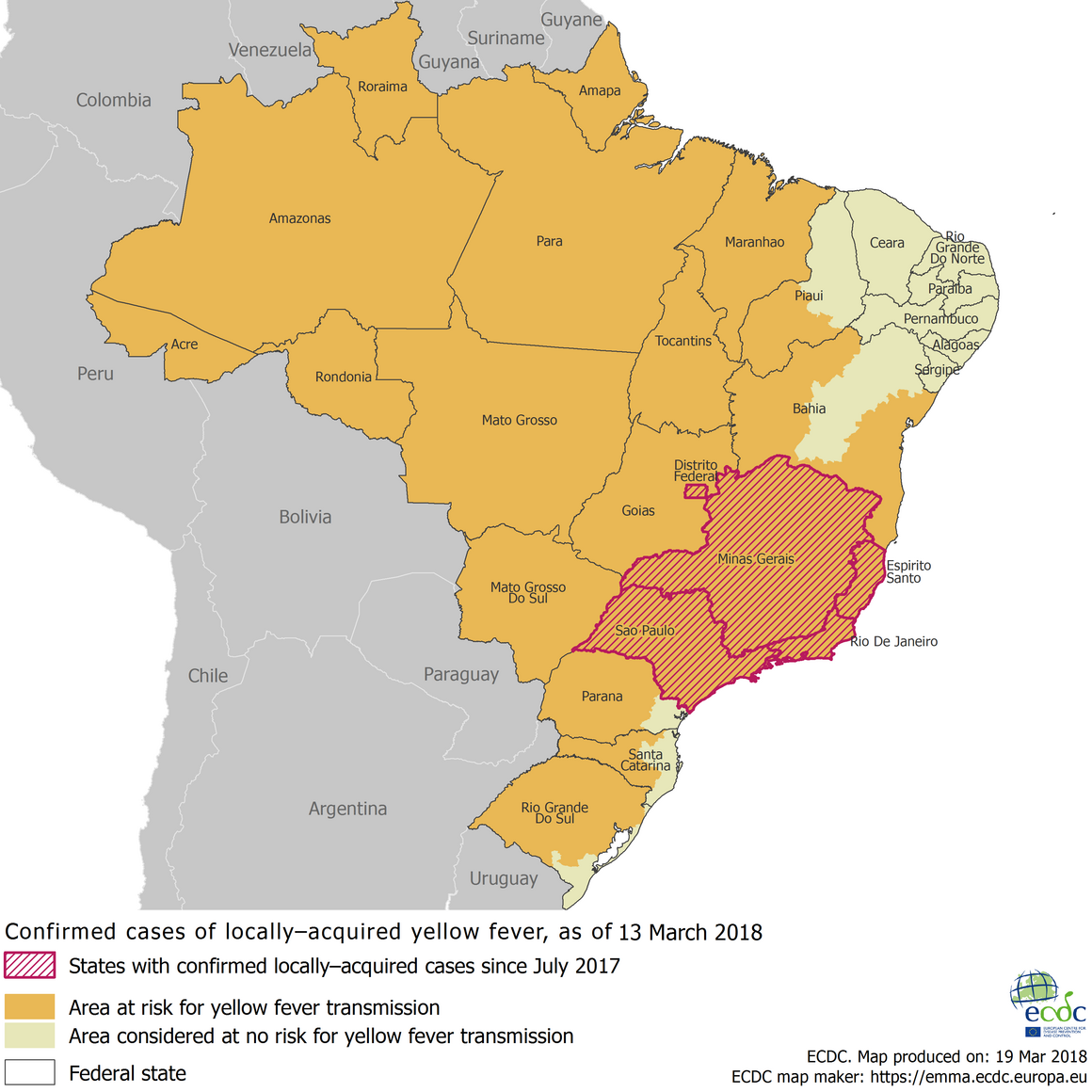 Map - Yellow fever distribution and areas of risk in Brazil, as of 13 March 2018