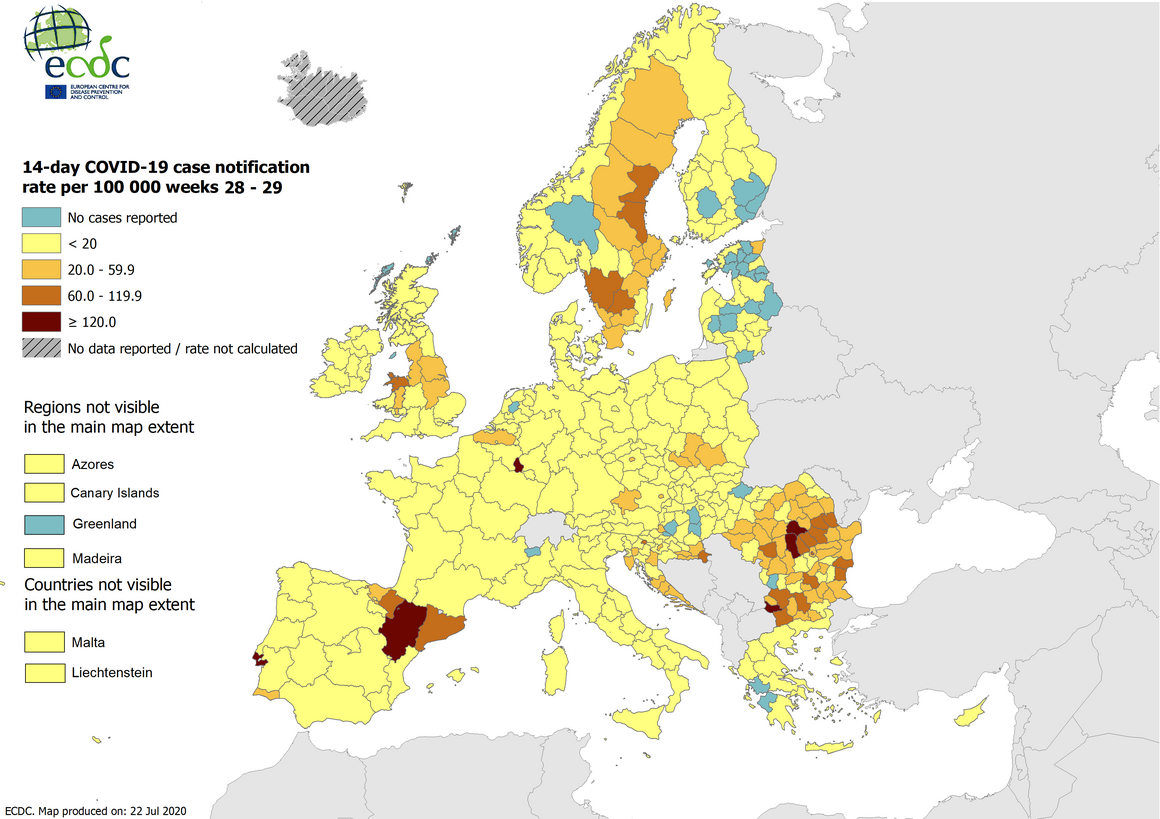 14-day COVID-19 case notification rate per 100 000, weeks 28-29, 23 July 2020