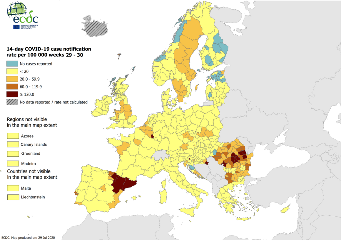 14-day COVID-19 case notification rate per 100 000, weeks 29-30, 30 July