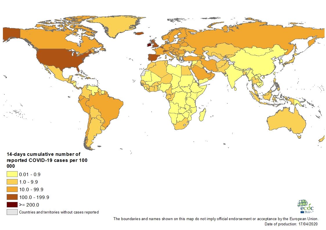 Geographic distribution of 14-day cumulative number of reported COVID-19 cases per 100 000 population, worldwide, as of 17 April 2020