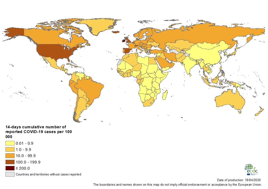Geographic distribution of 14-day cumulative number of reported COVID-19 cases per 100 000 population, worldwide, as of 18 April 2020