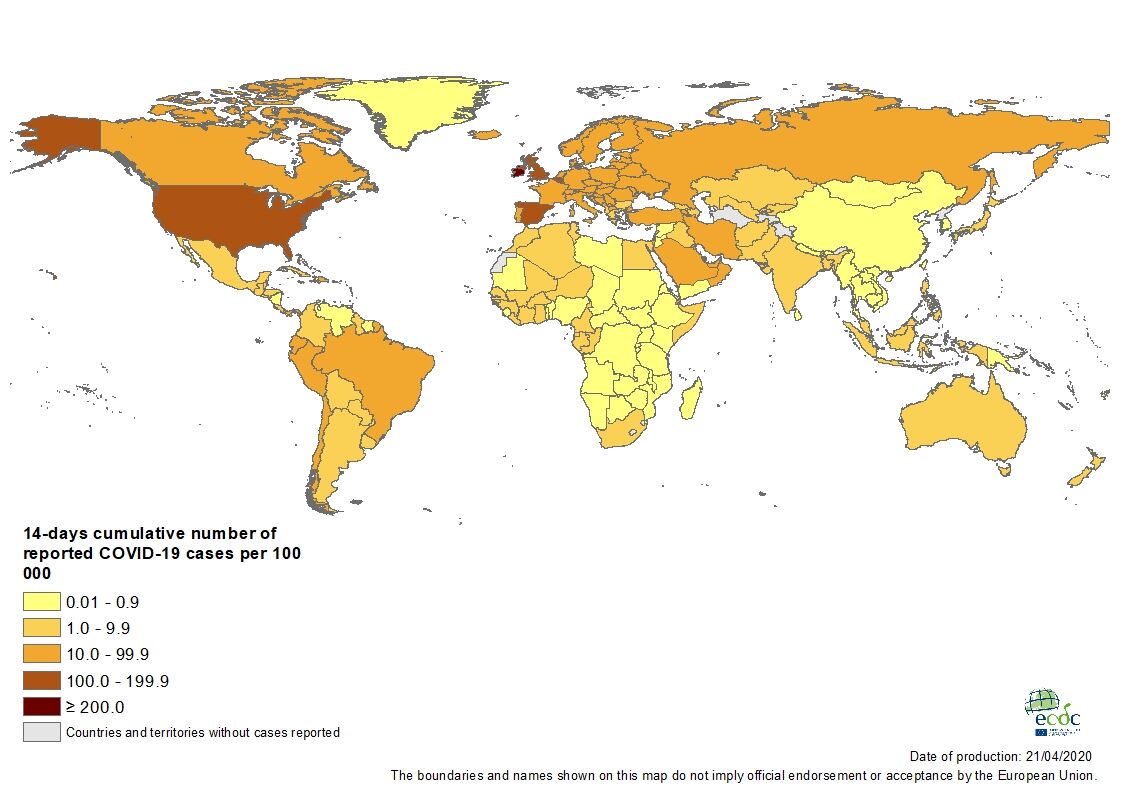 Geographic distribution of 14-day cumulative number of reported COVID-19 cases per 100 000 population, worldwide, as of 21 April 2020