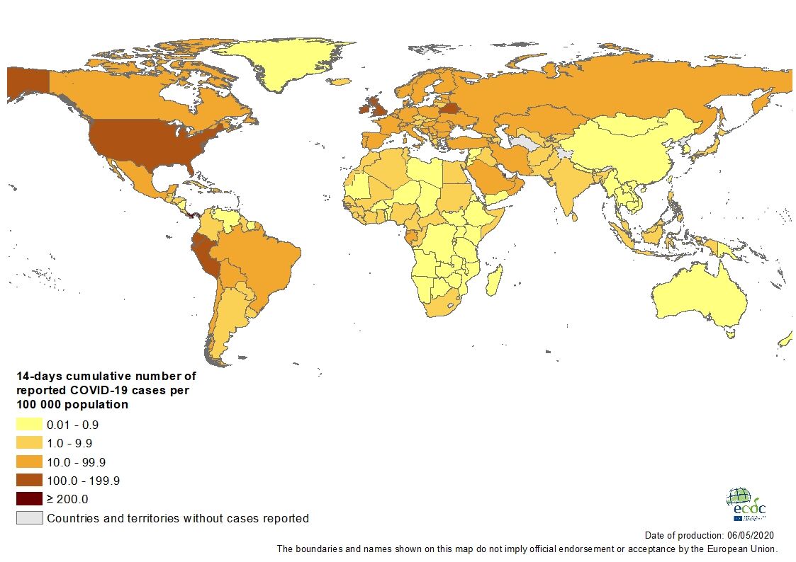 Geographic distribution of 14-day cumulative number of reported COVID-19 cases per 100 000 population, worldwide, as of 6 May 2020