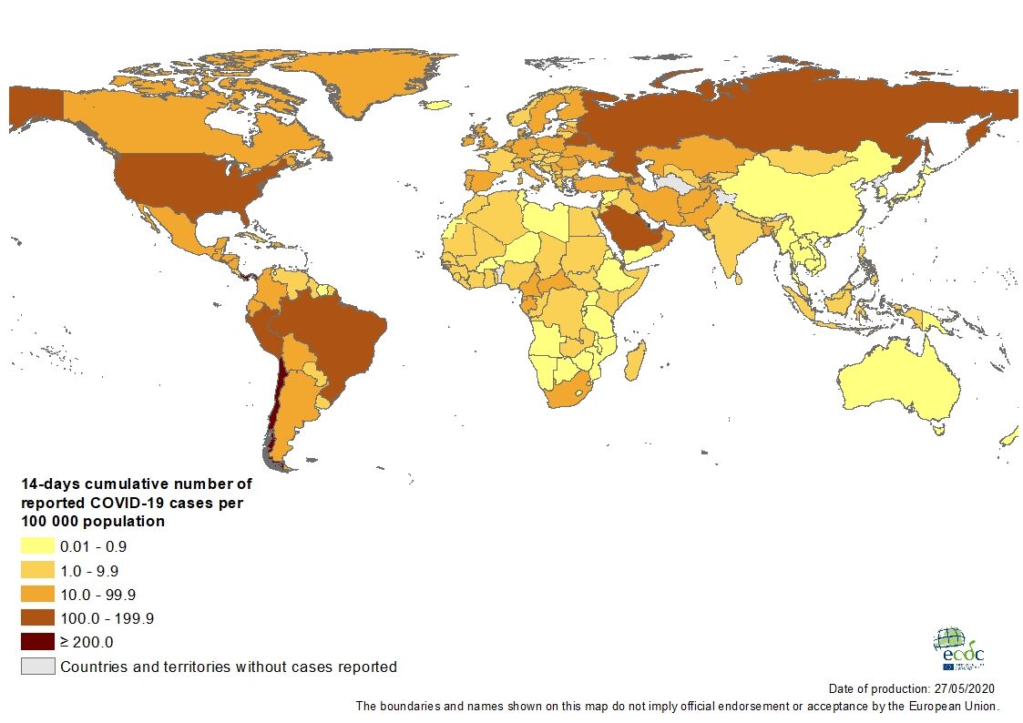 Geographic distribution of 14-day cumulative number of reported COVID-19 cases per 100 000 population, worldwide, as of 27 May 2020