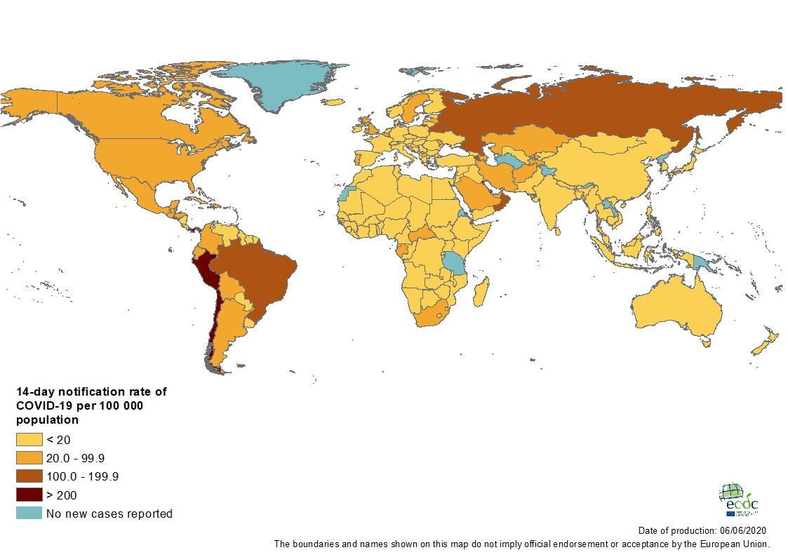Geographic distribution of 14-day cumulative number of reported COVID-19 cases per 100 000 population, worldwide, as of 6 June 2020