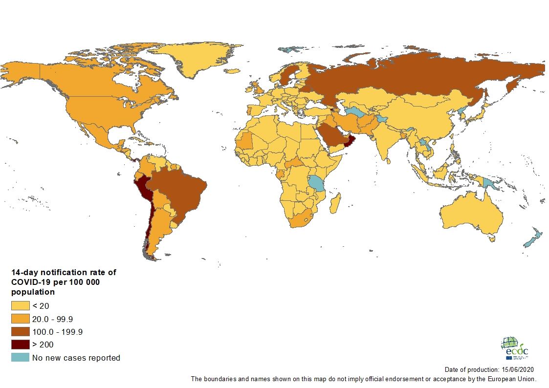 Geographic distribution of 14-day cumulative number of reported COVID-19 cases per 100 000 population, worldwide, as of 15 June 2020