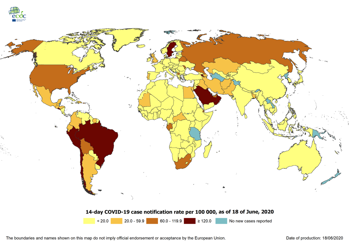Geographic distribution of 14-day cumulative number of reported COVID-19 cases per 100 000 population, worldwide, as of 18 June 2020