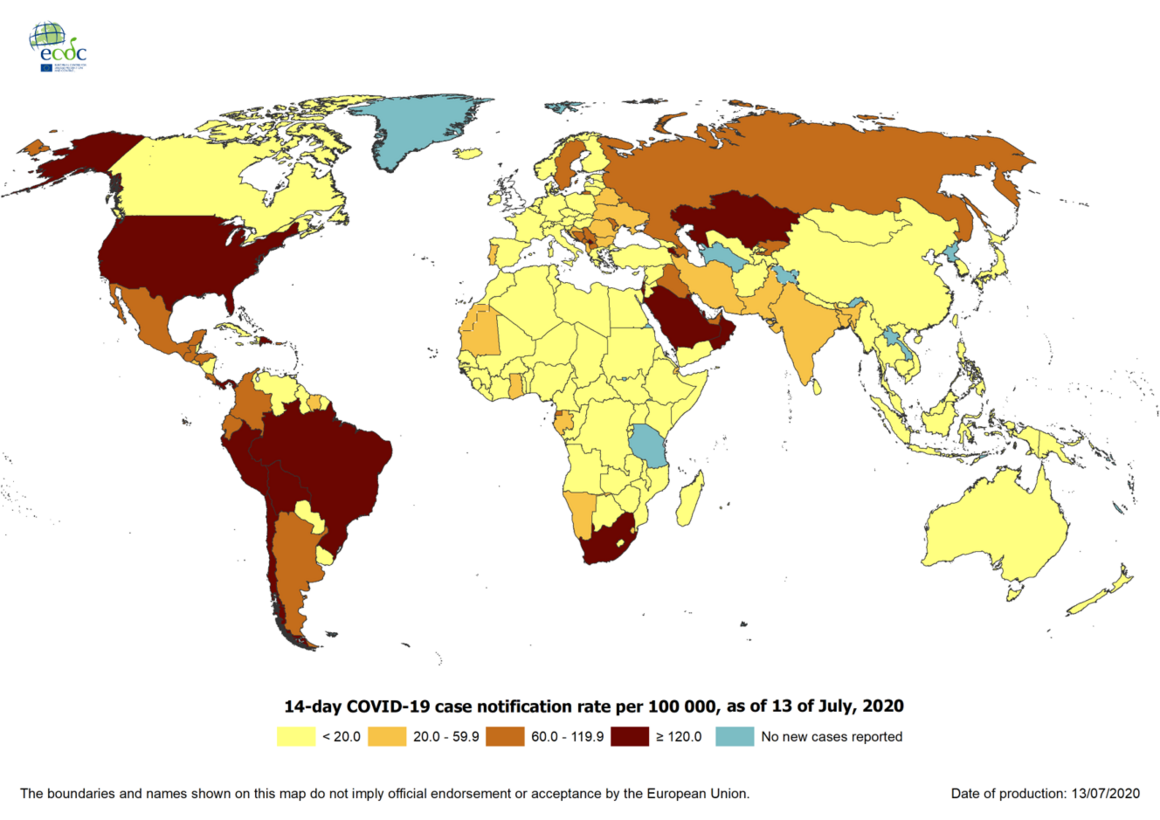 Geographic distribution of 14-day cumulative number of reported COVID-19 cases per 100 000 population, worldwide, as of 13 July 2020