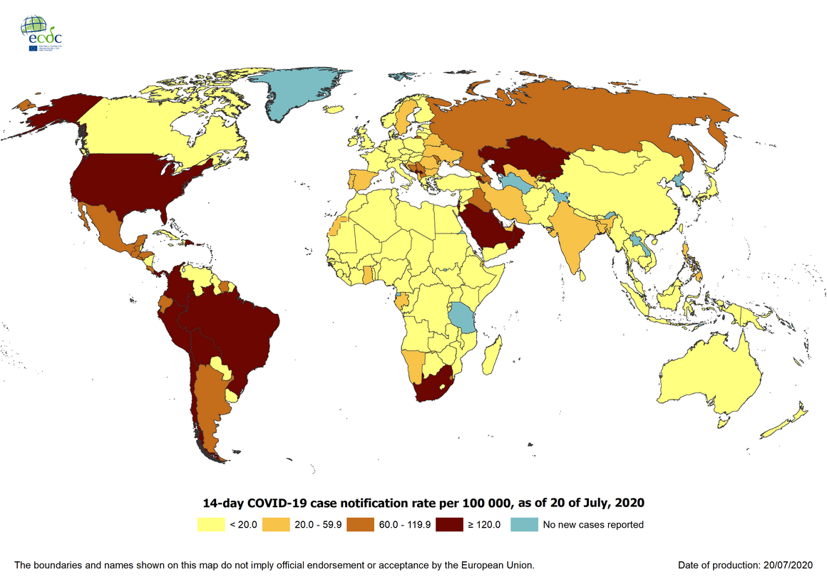 Distribuția geografică a numărului cumulativ de 14 zile de cazuri de COVID-19 raportate la 100 000 de populații în întreaga lume