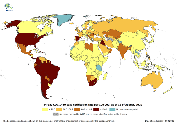 Geographic distribution of 14-day cumulative number of reported COVID-19 cases per 100 000 population, worldwide, as of 18 August 2020