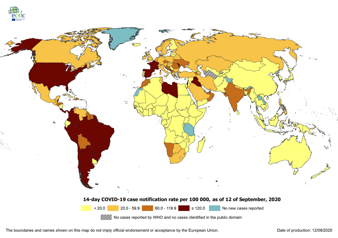 Geographic distribution of 14-day cumulative number of reported COVID-19 cases per 100 000 population, worldwide, as of 12 September 2020