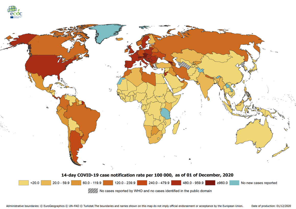 Geographic distribution of 14-day cumulative number of reported COVID-19 cases per 100 000 population, worldwide, as of 1 December 2020